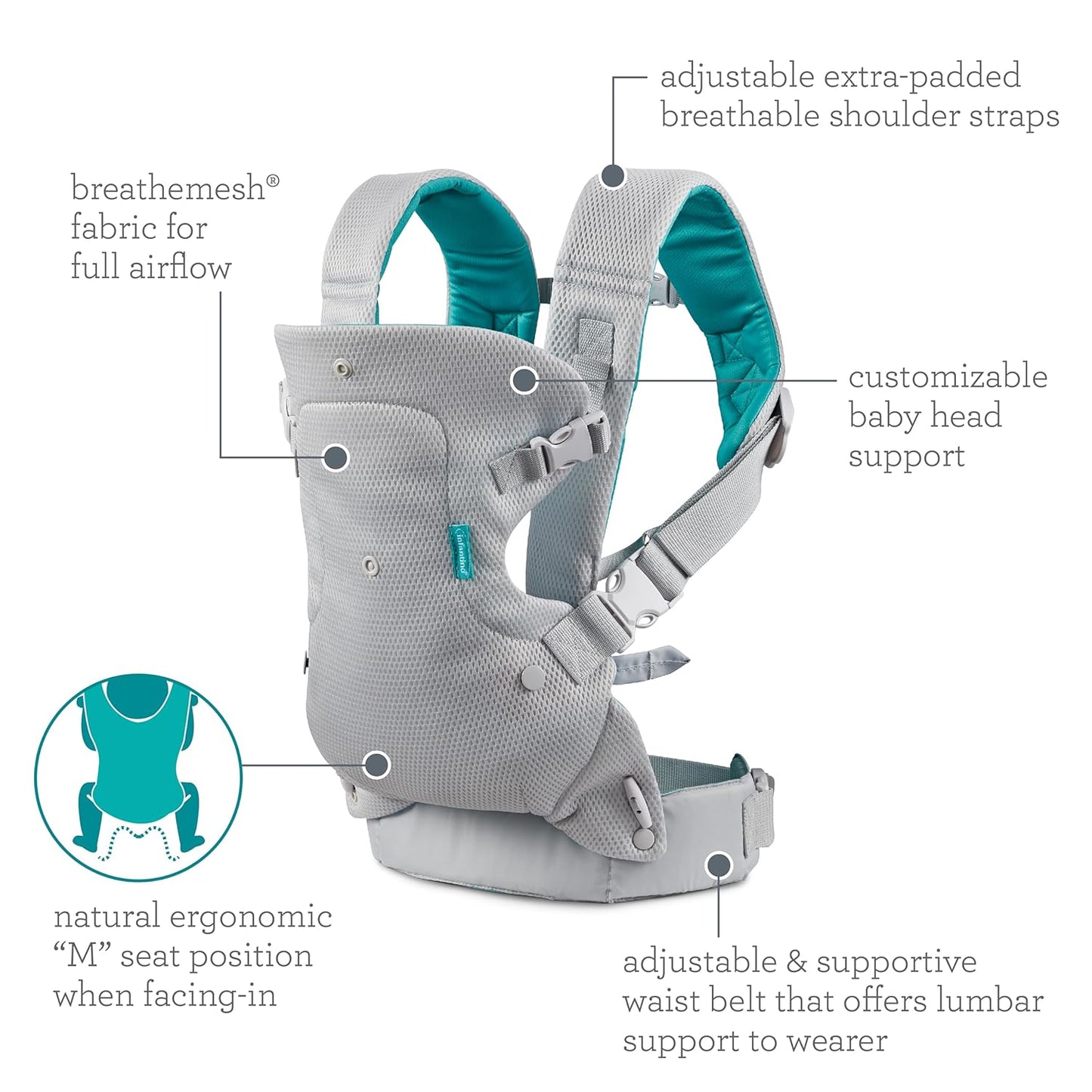 Infantino Flip 4-in-1 Light & Airy Convertible Baby Carrier, Adjustable, Ergonomic Babywearing, Registry Essential, Baby Carrier for Newborn to Toddler