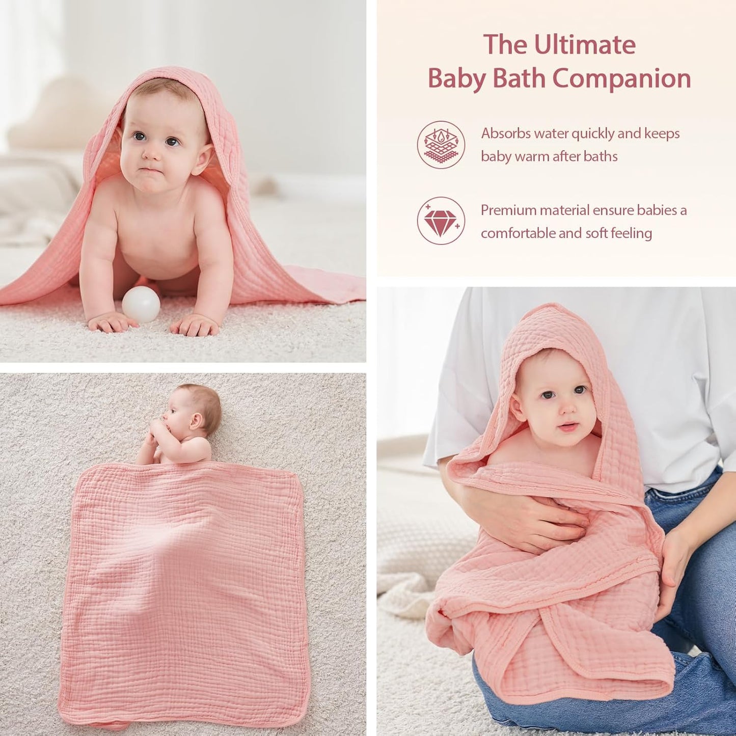 Hooded Baby Towels for Newborn - 2 Pack, 100% Muslin Cotton, Baby Bath Towels with Hood, Soft and Absorbent for Girls Infant, Toddler and Kids, Large 32x32 Inches, Newborn Essential