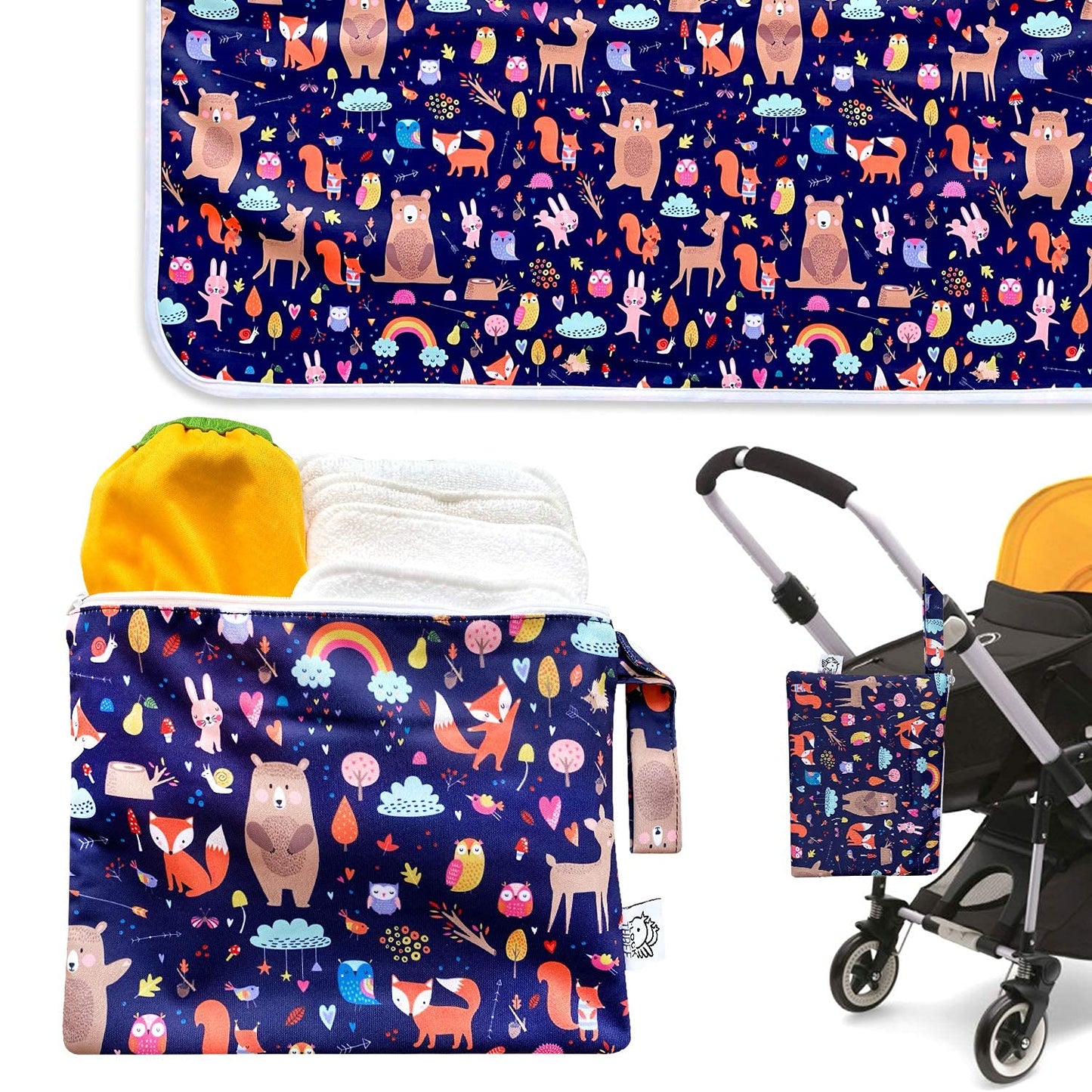 Flockthree Waterproof Baby Changing Pad with Storage Bag (28.7" X 19.7") Washable Wipeable Reusable Leak Proof Diaper Travel Mat Station Changing Mattress Liner Cribs Bed Cover, Animals