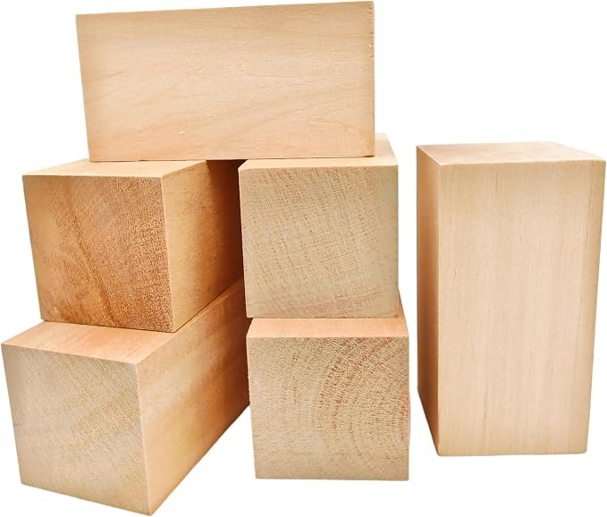 6Pcs Unfinished Basswood Blocks-2x2x4 Inch Rectangular Linden Wood Blocks