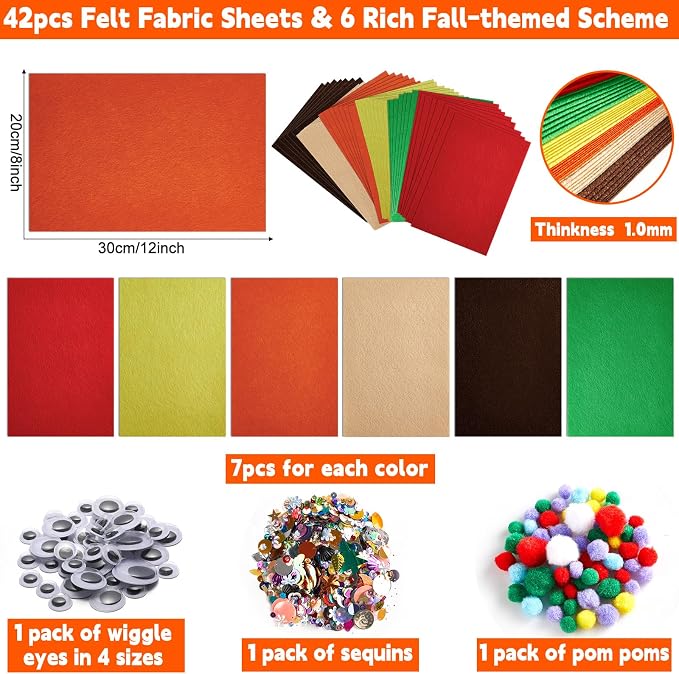 42Pcs Fall Felt Fabric Sheets 8 x 12 Inch Autumn Yellow Orange Assorted Soft