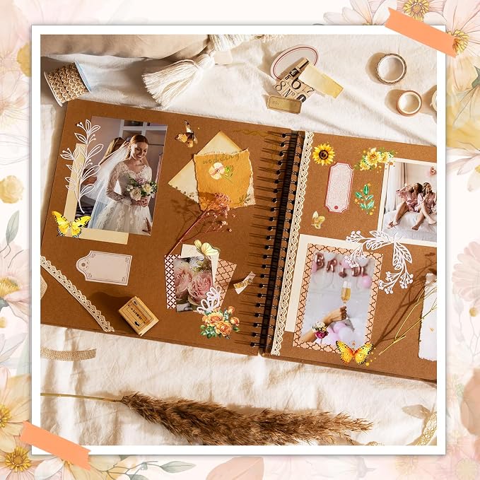 50+Pcs Transparent Golden Floral Butterfly Scrapbook Stickers Pack, Sunflower