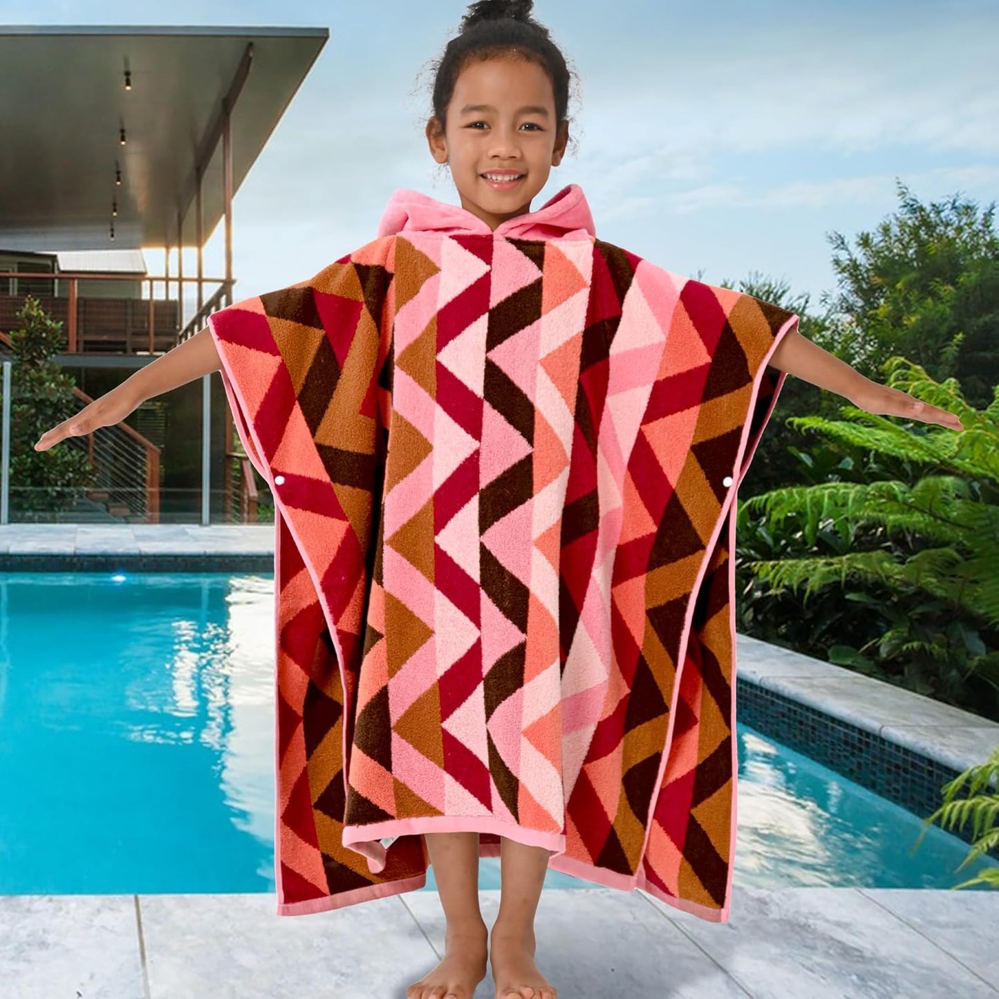 VOOVA & MOVAS Kids Towels Poncho with Hood (4-8Years) - Thick 500GSM,Soft, Absorbent, 100% Cotton Swim Towel, Perfect for Bathroom | Pool | Swim, Jacquard,Red