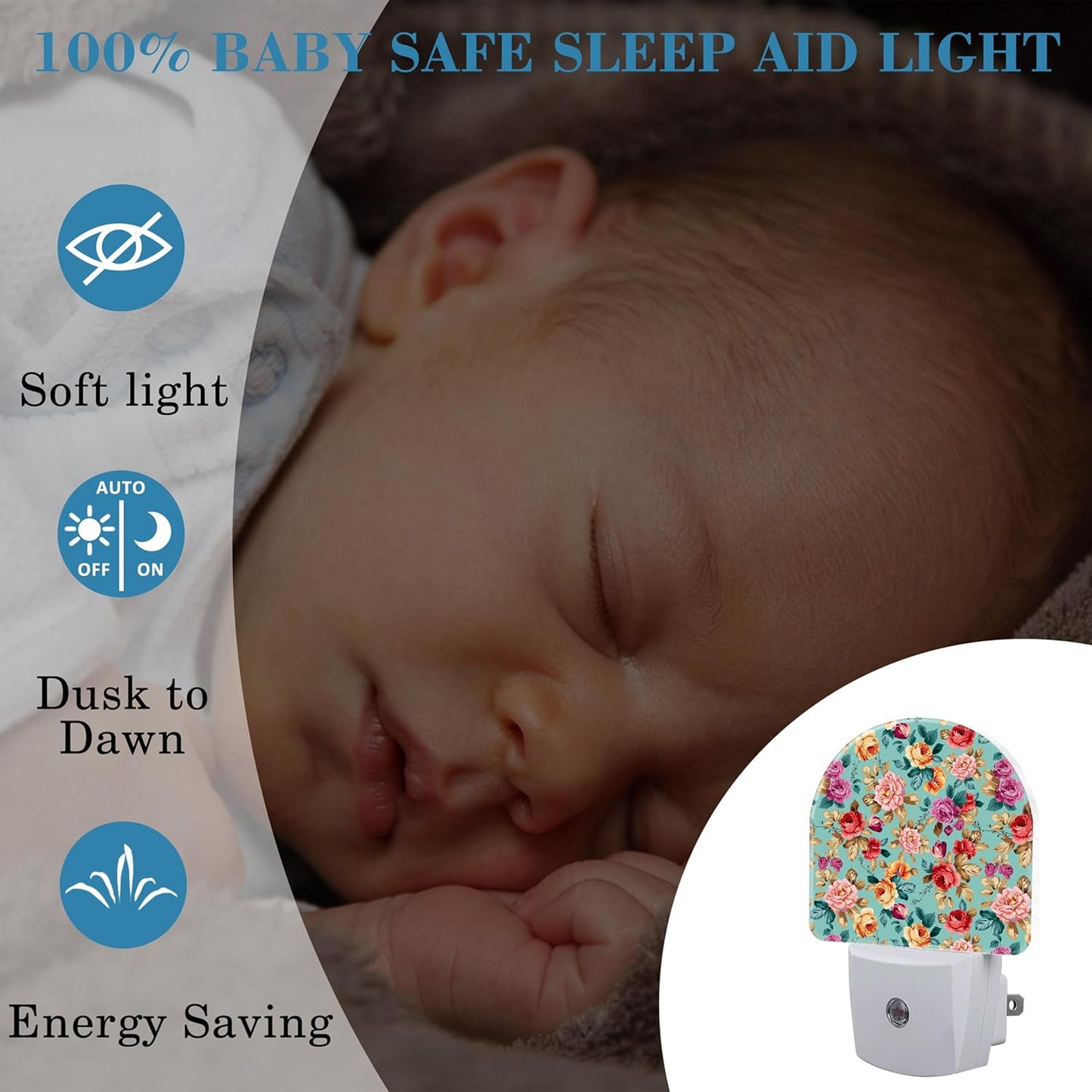 Plug in Night Lights Retro Pink Red Flowers Nightlight Plug Into Wall Dusk to Dawn Sensor LED Night Light for Kid Girls Boys Women Men Room Decor, Hallway, Kitchen, Bathroom, Nursery, Stairs