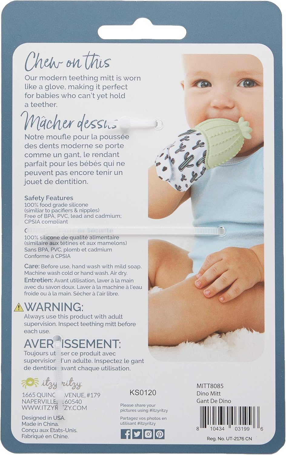 Itzy Ritzy Silicone Teething Mitt - Soothing Infant Teething Mitten with Adjustable Strap, Crinkle Sound & Textured Silicone to Soothe Sore & Swollen Gums - for Ages 3 Months & Up (Green Dinosaur)