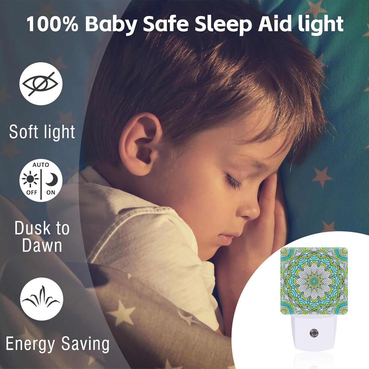 Vintage Mandala Flower Night Light Plug into Wall, Green Mandala Floral Dusk to Dawn Night Light,0.5w Energy Saving Sleep Friendly Nightlights for Kids Boys Girls Home Decor