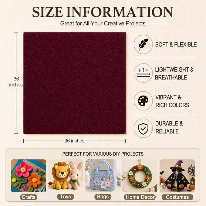 Burgundy Large Felt Fabric 36" x 36", 1.4 mm Soft Felt Sheet, Nonwoven Fabric