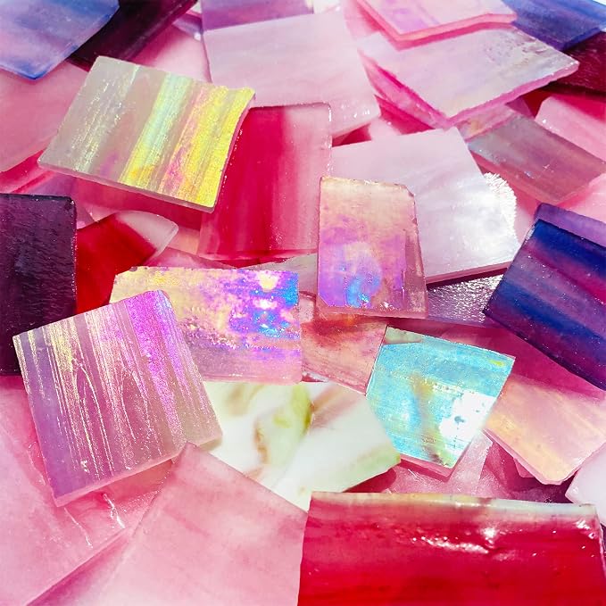 Pink and Purple Glass Mosaic Tiles, Irregular Stained Glass Scraps Sheets