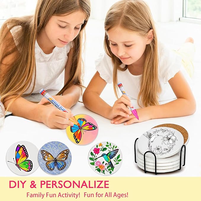 6 Absorbent Ceramic Tiles with Cork Base, Paint Your Own Butterfly Coaster |