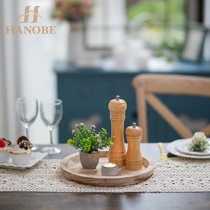 Hanobe Wooden Decortaive Coffee Table Tray, Round Candle Holder Centerpiece |