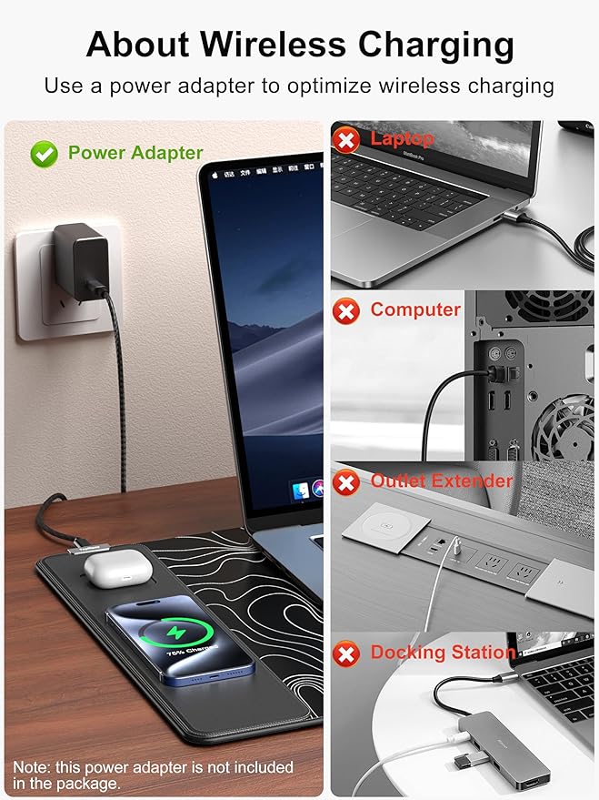TopMade Mouse Pad with 15W Fast Wireless Charging, 31.5"x15.75" XXL Large Gaming Waterproof Desk Pad with Ultra-Smooth Surface, Non-Slip Base, Computer Desk Mat, Black Topographic Map #2