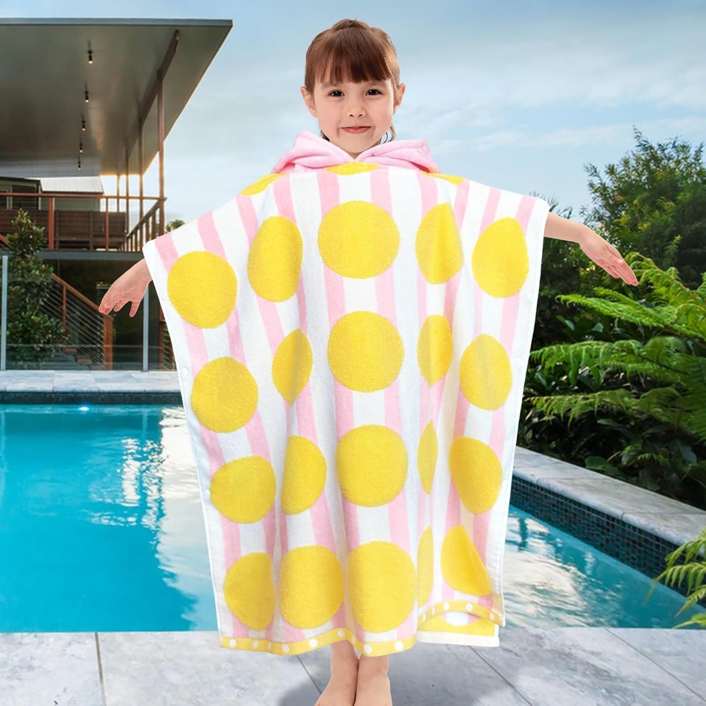 VOOVA & MOVAS Kids Poncho Towels with Hood (4-8Years), Absorbent Quick Dry Lightweight Hooded Beach Towel for Pool | Swim | Bath, Pink Strip Dot