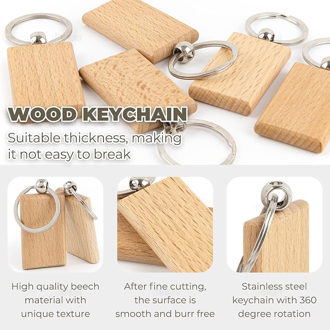 AUEAR, Blank Wooden Key Chain Wood Keychain Key Ring Key Tags Personalized EDC