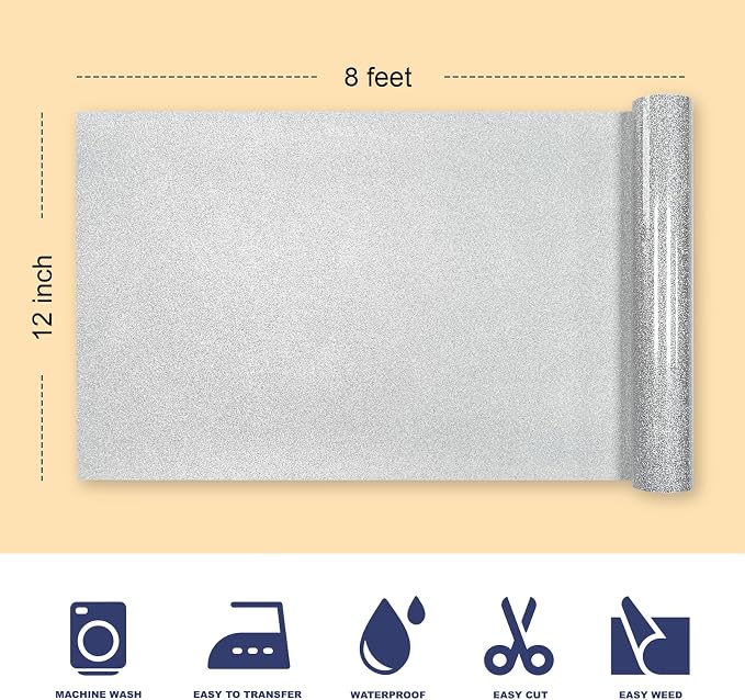 Glitter Iron On 12in X 8ft, HTV Heat Transfer Vinyl | Glitter HTV Easy to Cut &