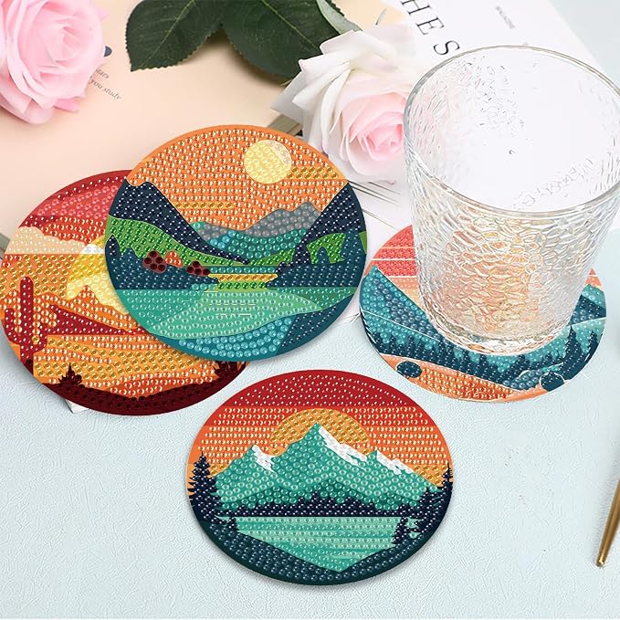 Clendo 8 Pcs Landscape Diamond Art Coasters Kit