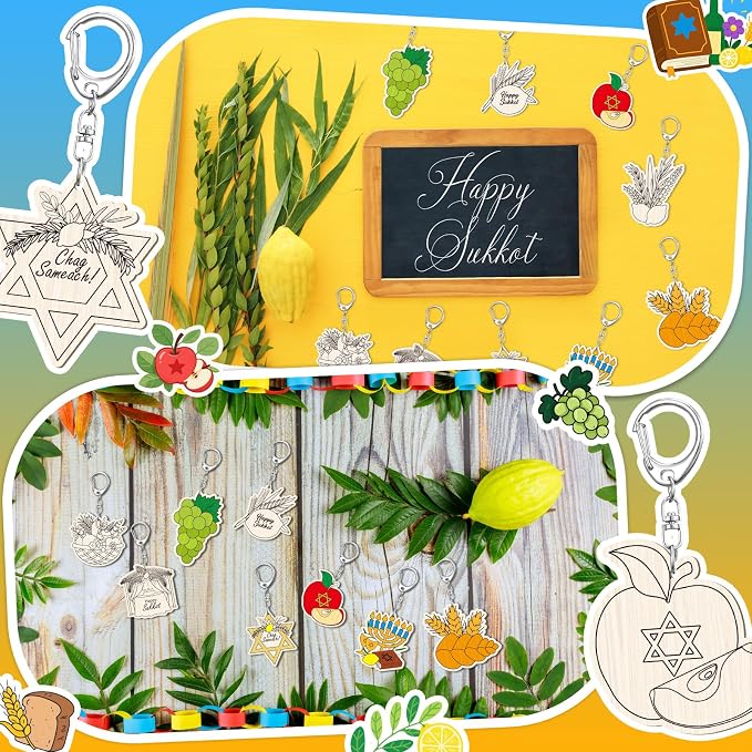 RattanView 24 Pcs Sukkot Crafts Color Your Own Keychains Diy Craft Wooden Blank