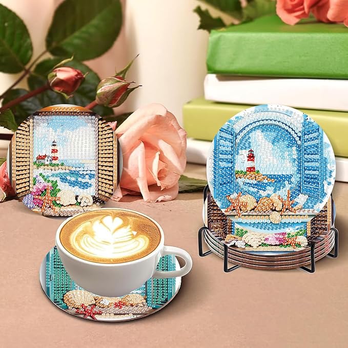 8 PCS Diamond Art Coasters Kits Lighthouse Diamond Painting Coaster | Diamond