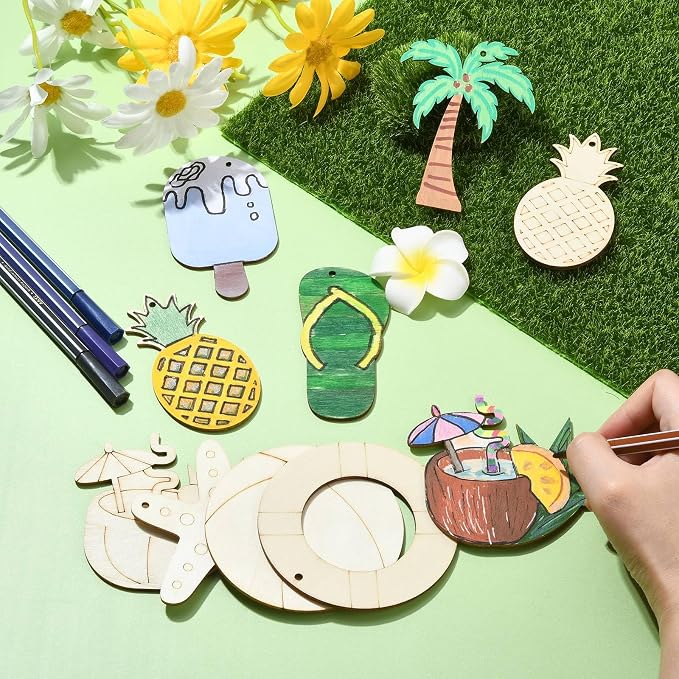 32 pcs Mixed Styles Beach Theme Unfinished Wood Cutout Charms Watermelon Ice