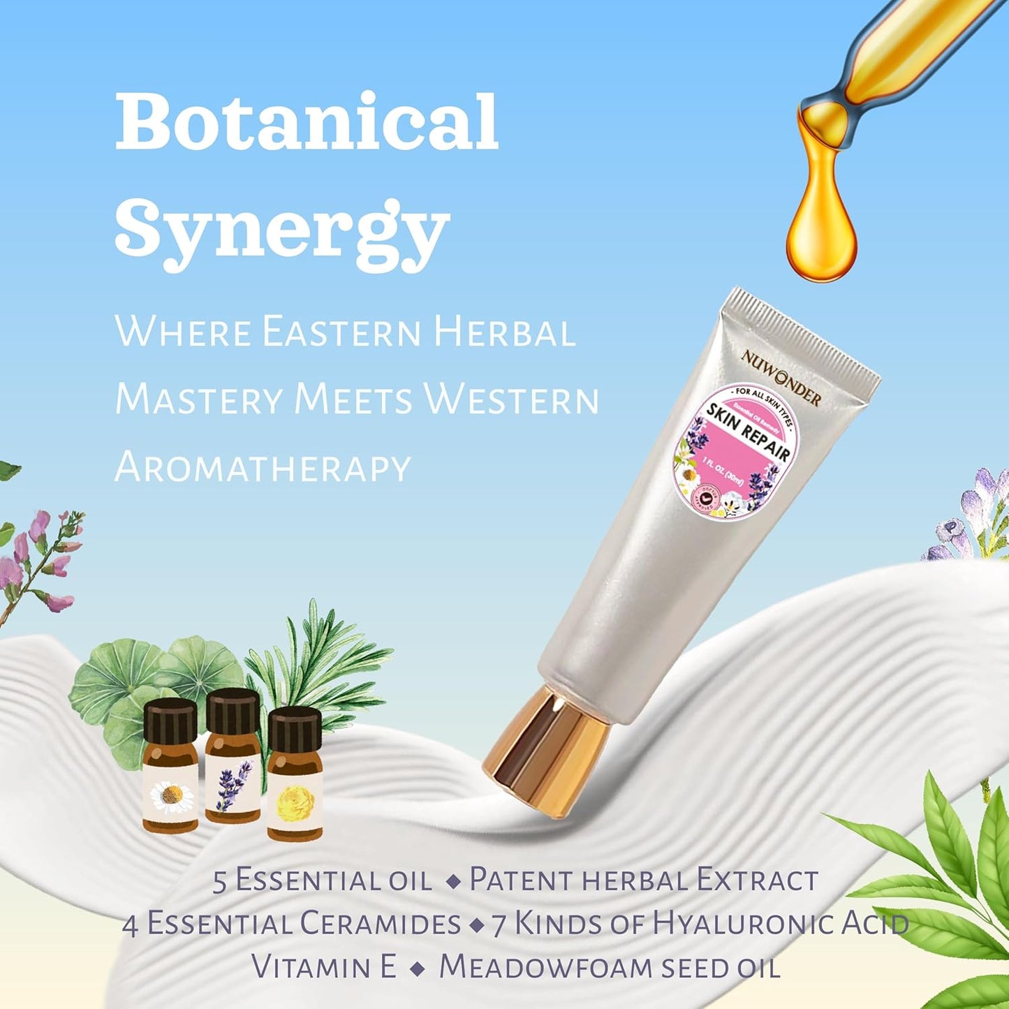 Natural SKIN REPAIR. Clinically tested Aromatherapy. Powerful Essential Oil. Eczema, Dermatitis, Diaper rash, and Sensitive skin. For all skin types. Hypoallergenic, Vegan, Paraben Free. 30ML TUBE
