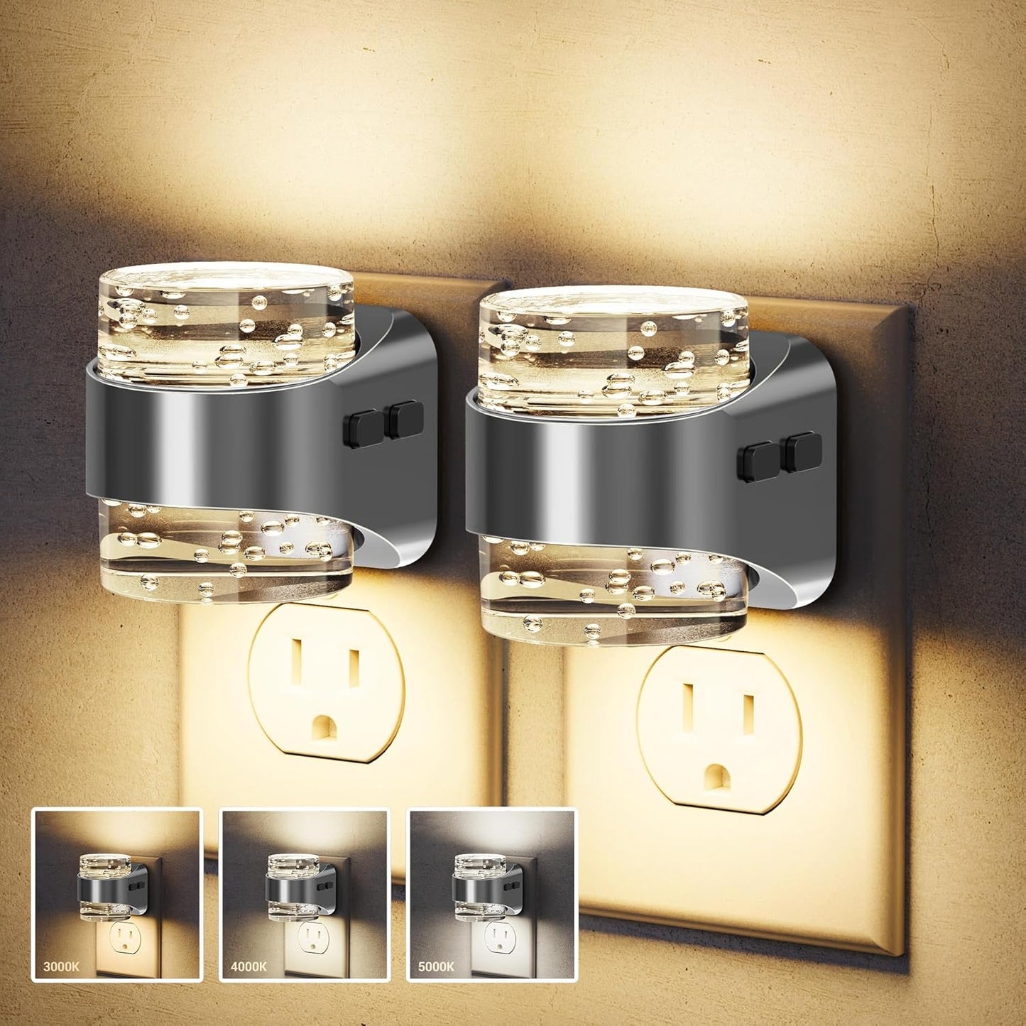 JandCase LED Night Light, Bubble Night Lights Plug into Wall, [2 Pack]Night Light3000K/4000K/5000K & 3 Brightness Levels, Dimmable Nightlight with Dusk to Dawn Sensor for Bathroom Hallway Bedroom