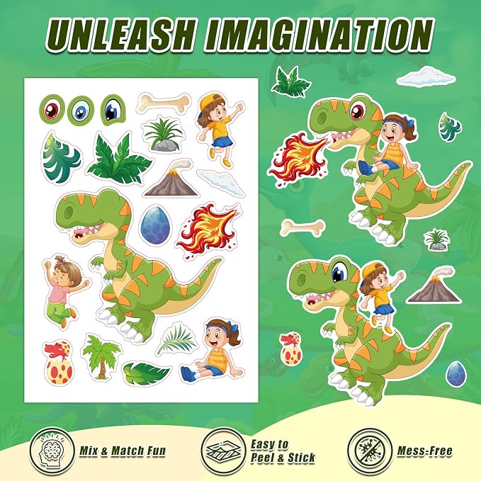 42 Sheets Create Funny Dinosaur Stickers, Make a Face Stickers