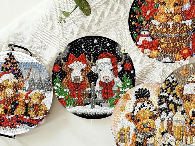 8 PCS Christmas Diamond Art Coasters Kits Highland Cows Coaster Kits | Diamond