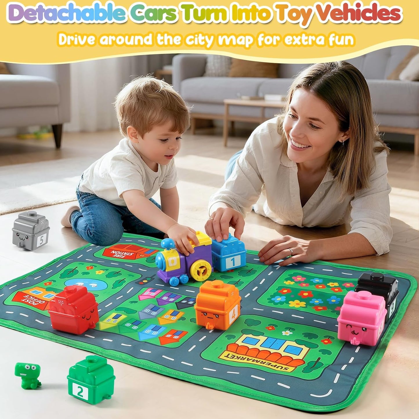 URMYWO Toys for 1 2 3 Years Old Boy Girl, Montessori Learning Toys for 1 2 3 Years Old Toddler, Train Set with 10 Finger Puppets&Play Mat, Counting, Matching & Sorting, Toddler Boy Girl