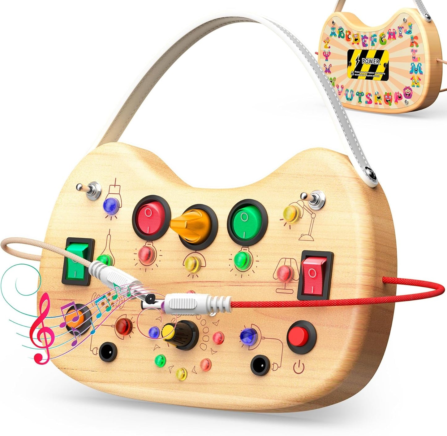 Toddler Busy Board with LED Light Up Switch, Wooden Montessori Busy Board for Todder 1-3, Travel Toys for Autistic Kids, Gift for 1 2 3 Year Old Baby Boys & Girls
