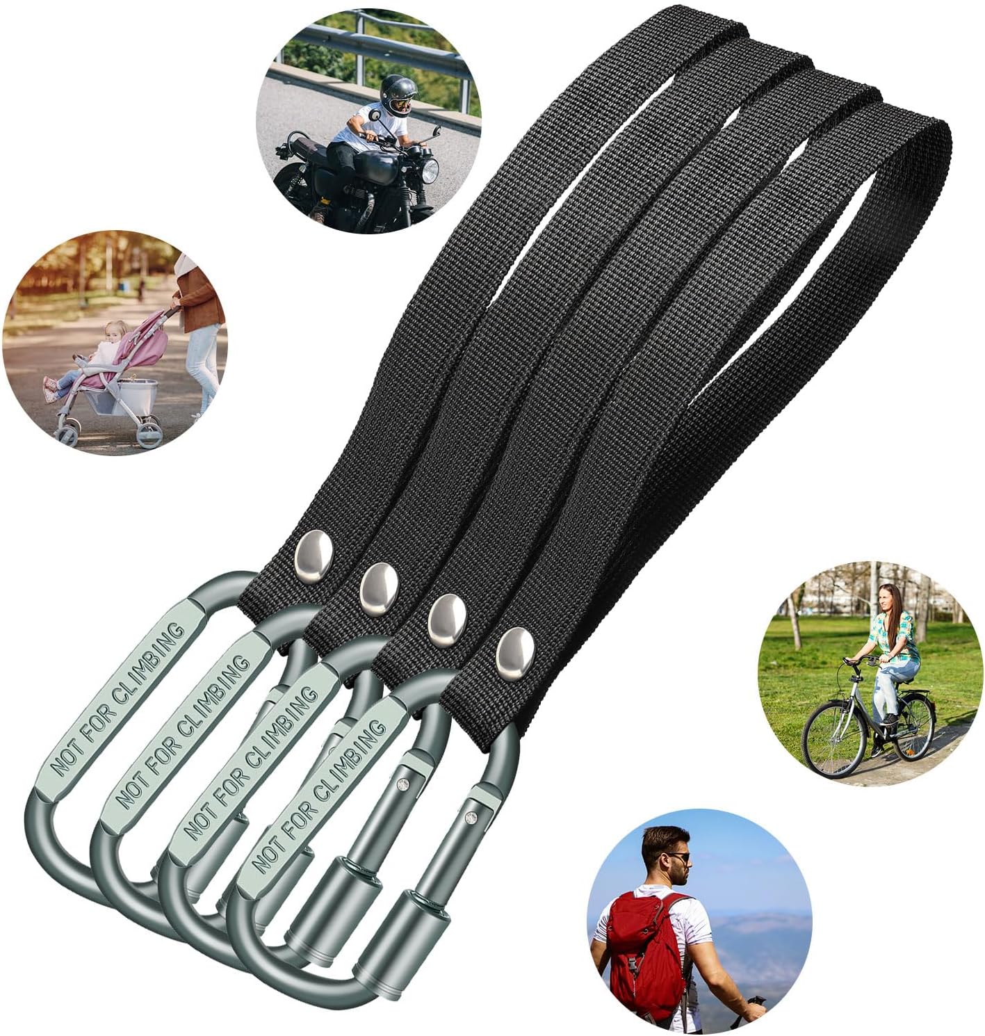Stroller Hooks for Bags with Locking Stroller Carabiner Clip – Heavy-Duty Hooks for Diaper Bags, Groceries, Backpacks on Strollers, Bikes & Shopping Carts (Grey, 4 Pieces)