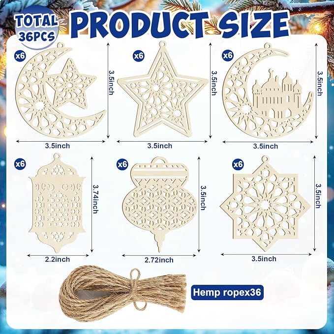 36PCS Wooden Ramadan Decorations Eid Islam Mubarak Ornaments Mubarak Hanging