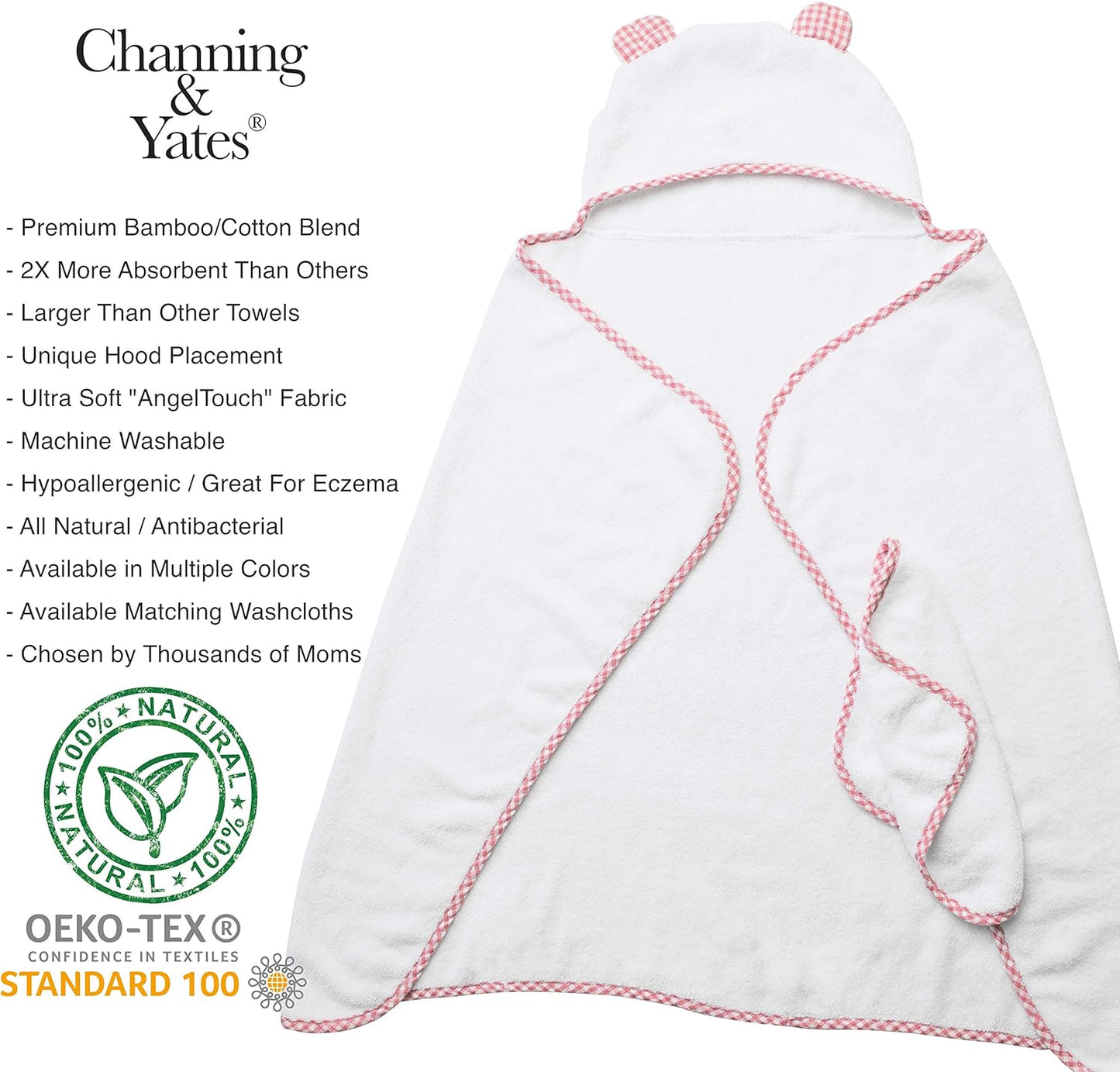 Channing & Yates Premium Boutique Hooded Baby Towels and Washcloth Set - Organic Viscose Made from Bamboo Baby Towel with Hood… (Pink Set)