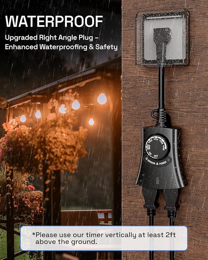 HBN Outdoor Light Timer with Remote Control, Waterproof Light Sensor Timer, 100 ft Wireless Range, 2 Grounded Outlets for Christmas Lights, 15A 1/2HP Heavy Duty