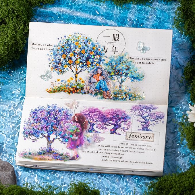 60 Pcs Holographic Floral Tree PET Stickers