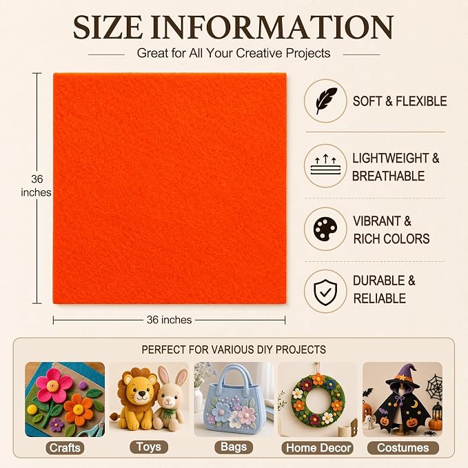 Bright Orange Large Felt Fabric 36" x 36", 1.4 mm Soft Felt Sheet, Nonwoven