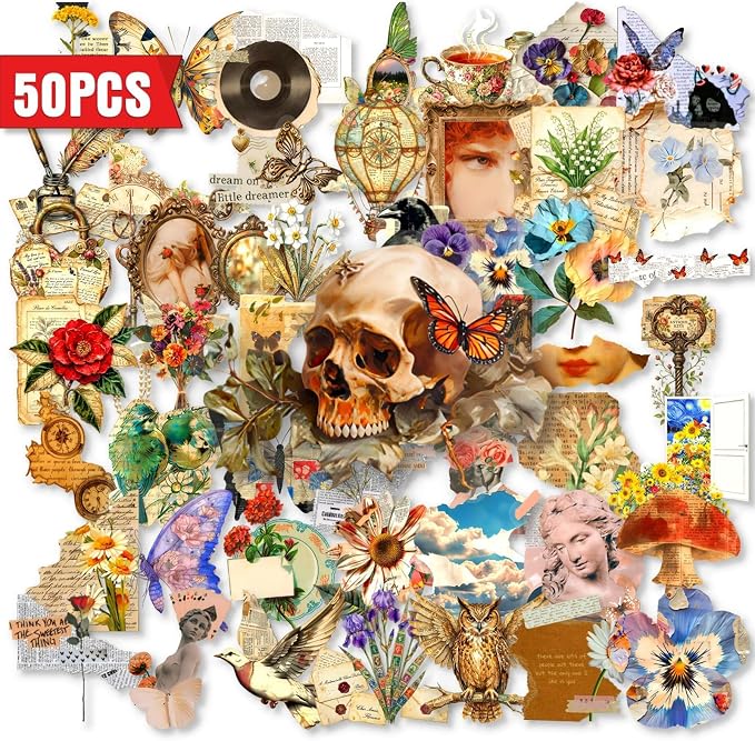 50PCS Vintage Aesthetic Stickers, Waterproof PET Scrapbooking Decals, Retro