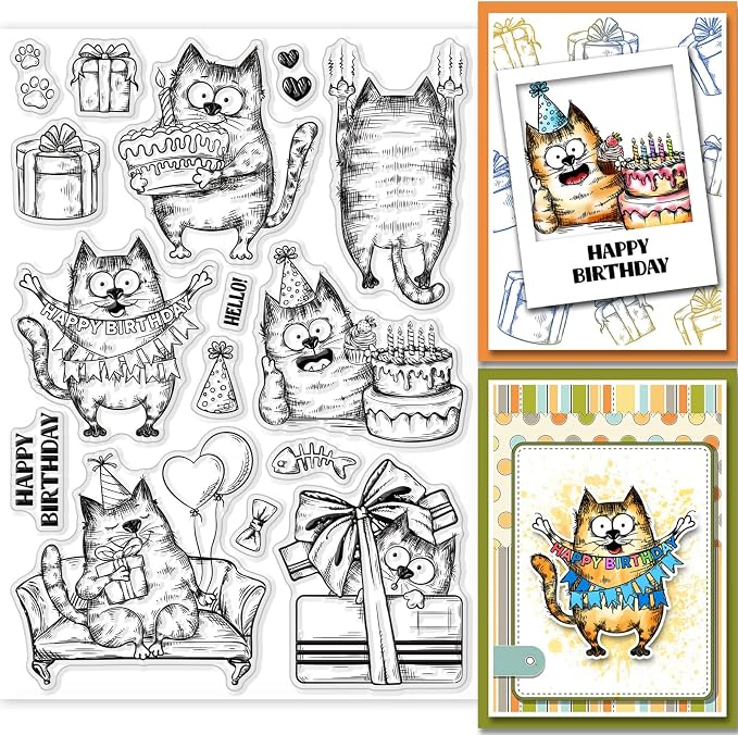 GLOBLELAND 8.3×5.8in Birthday Cats Animal Clear Stamp Sofa Cat Birthday Cake