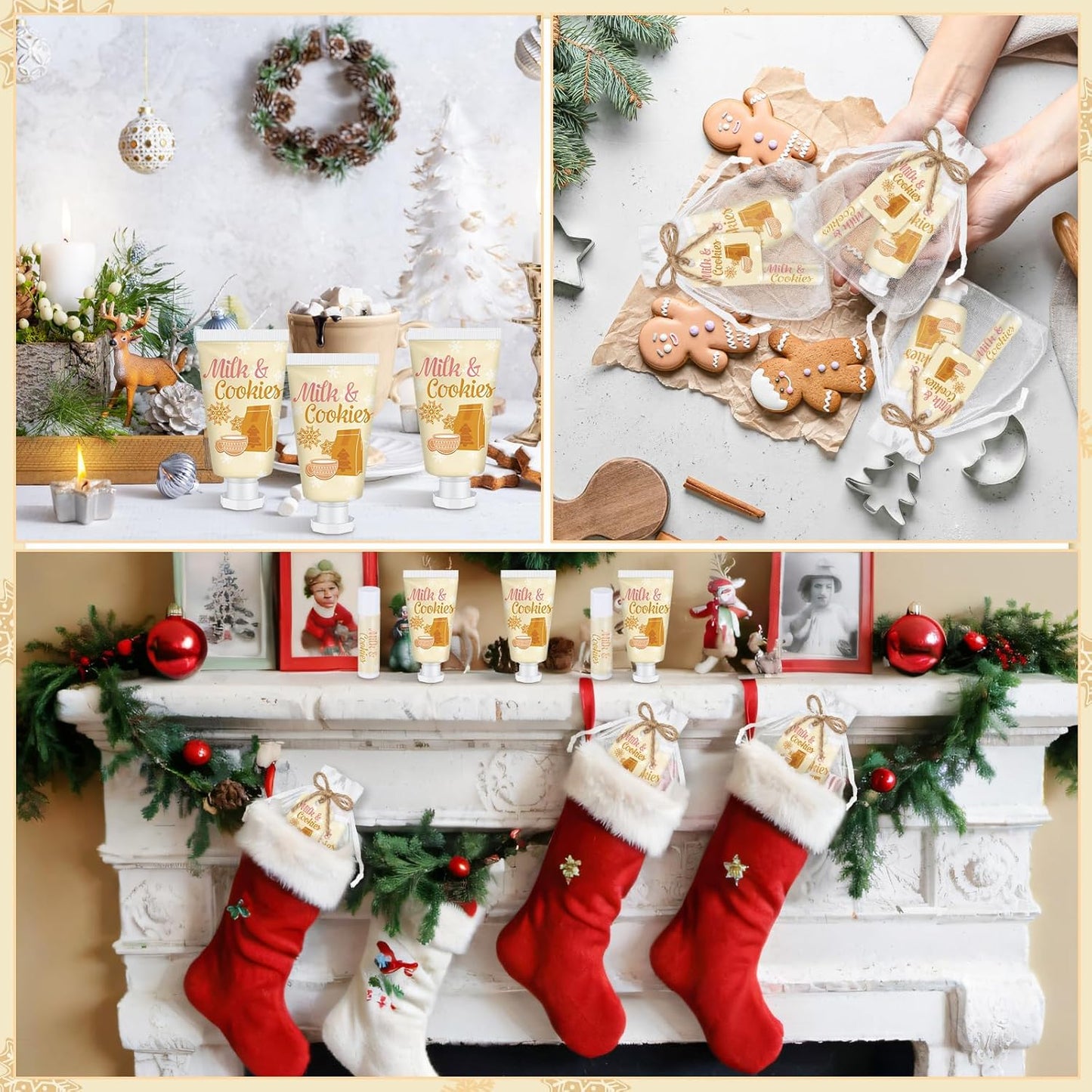 24 Sets Milk Cookies Hand Cream and Lip Balm Gifts Gingerbread Snowflake Baby Shower Favors for Guests Travel Size Hand Lotion and Lip Balm with Organza Bag and Tag Wedding Bridal Shower Party Supply
