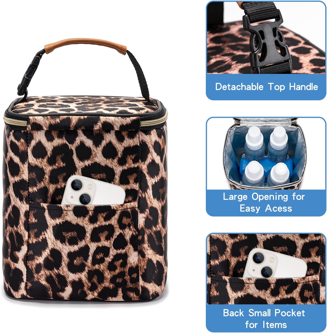 BreastMilk Cooler Bag with Ice Pack Fits 4 Baby Bottles Up to 9 Ounce, Baby Bottle Bag for Nursing Mom Daycare-Leopard Print