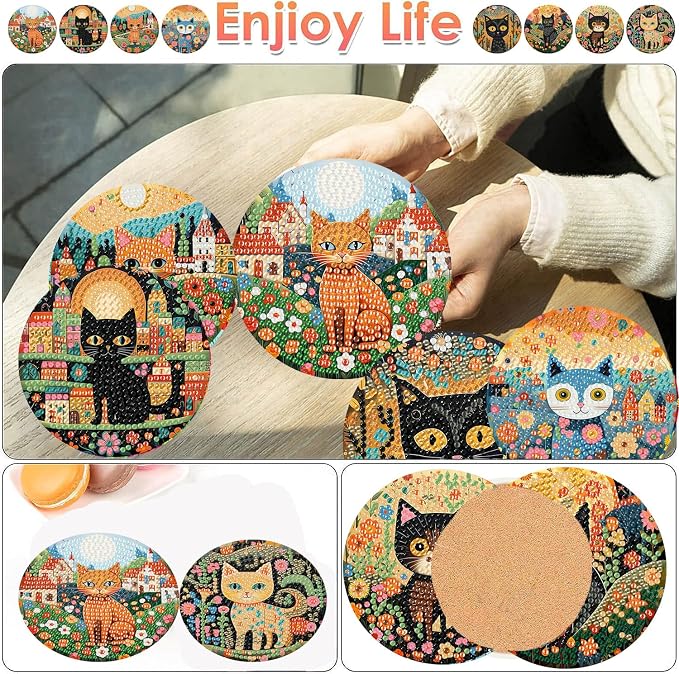 ijbnhd 8 PCS Diamond Art Coasters Kit Cat Diamond Painting Coasters | Cat