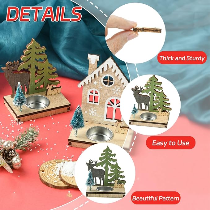 2 pcs 2 Styles Christmas Candlestick Theme Wooden Bases House Deer Tree Wood