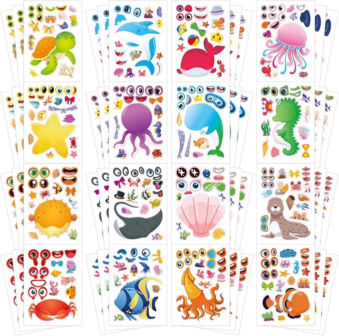 48 Sheets Create Funny Ocean Animals Stickers, Make a Face Stickers