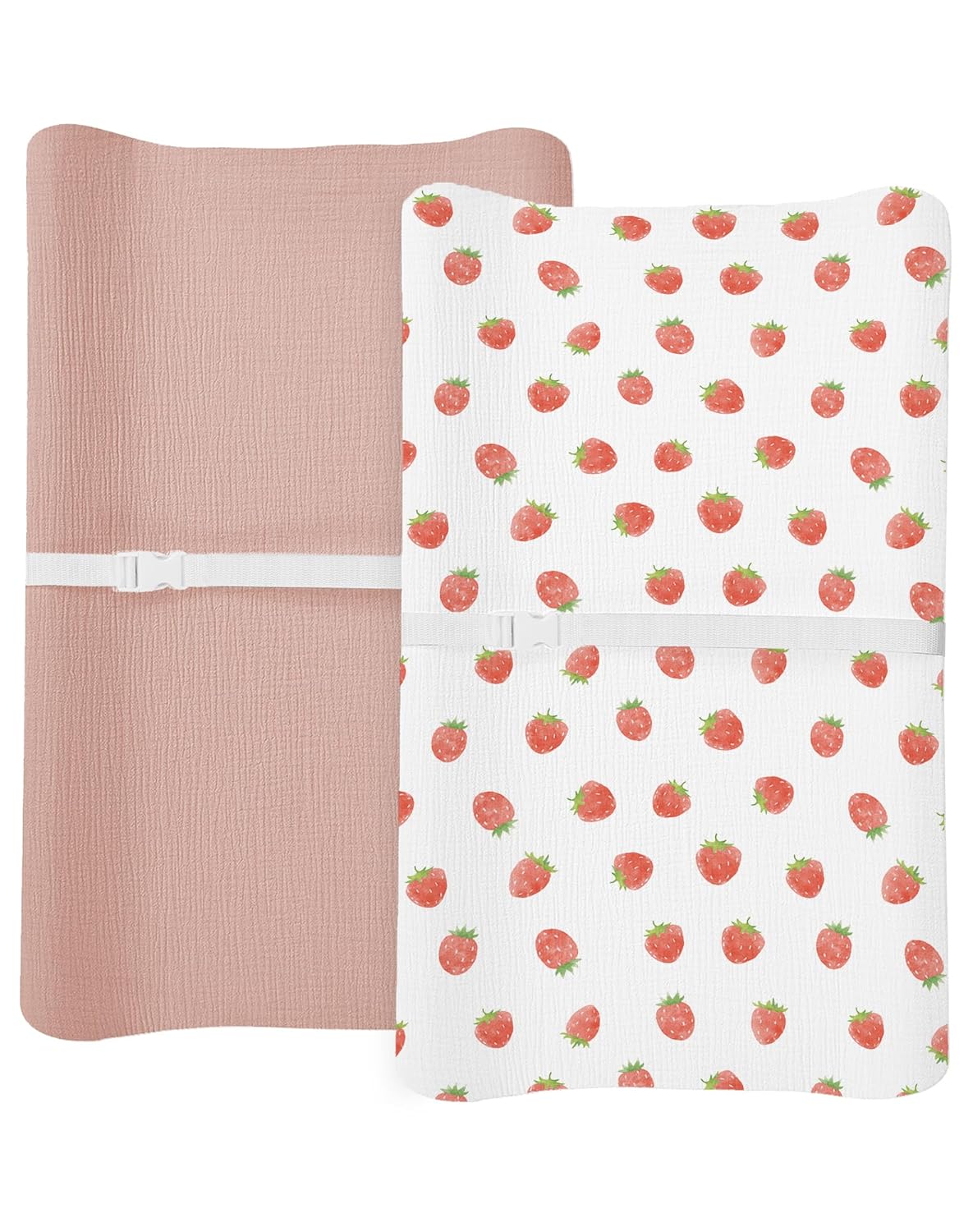 Changing Pad Cover for Baby Boy Girl 2 Pack, Muslin Changing Table Pad Covers with Boho Style, Neutral Nursery Bedding Essentials Soft and Breathable (Strawberry & Pale Pink)