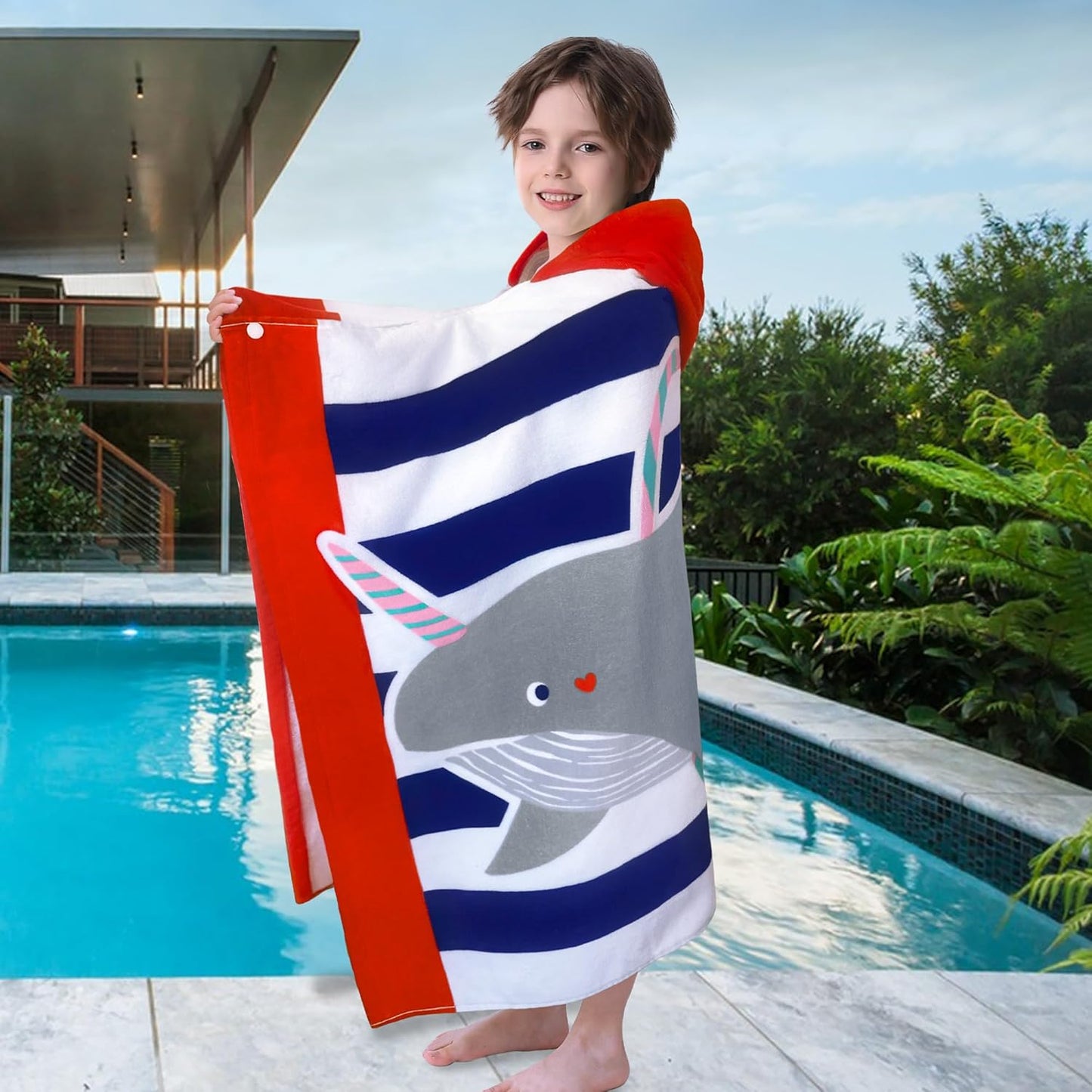 VOOVA & MOVAS Hooded Beach Towels for Kids,(3-10 Years, 30''X50),Absorbent 100% Cotton Towel Wrap for Boys, Perfect for Toddler Beach, Pool, Bath, Swimming, Hula-Hooping Narwhal