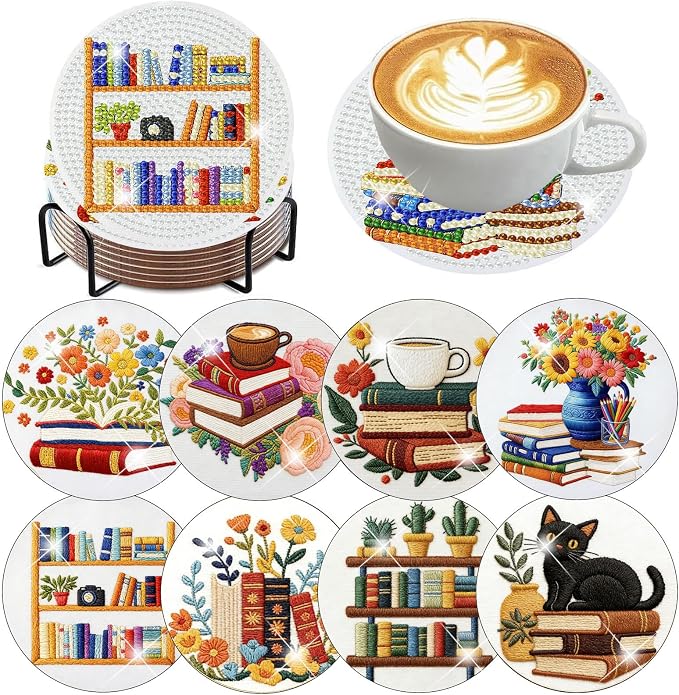 8 Pack Diamond Art Coasters, Bookshelf Diamond Painting Coasters Kits | Books