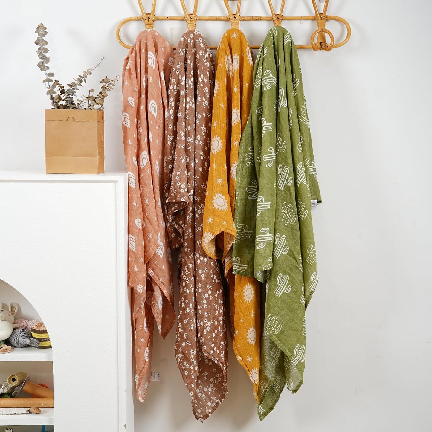 4 Set Muslin Swaddle Blankets for Newborn Baby Boys, Girls,Receiving Blankets-Cute Soft Print Baby Towel Wrap 120x110cm Baby(Cactus)