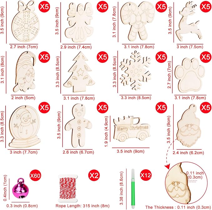 GUDELAK 60PCS DIY Wooden Christmas Ornaments, 12 Styles Christmas Crafts