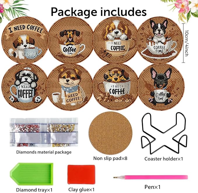 8 Pack Diamond Art Coasters, Coffee Dog Diamond Painting Coasters Kits | Dog