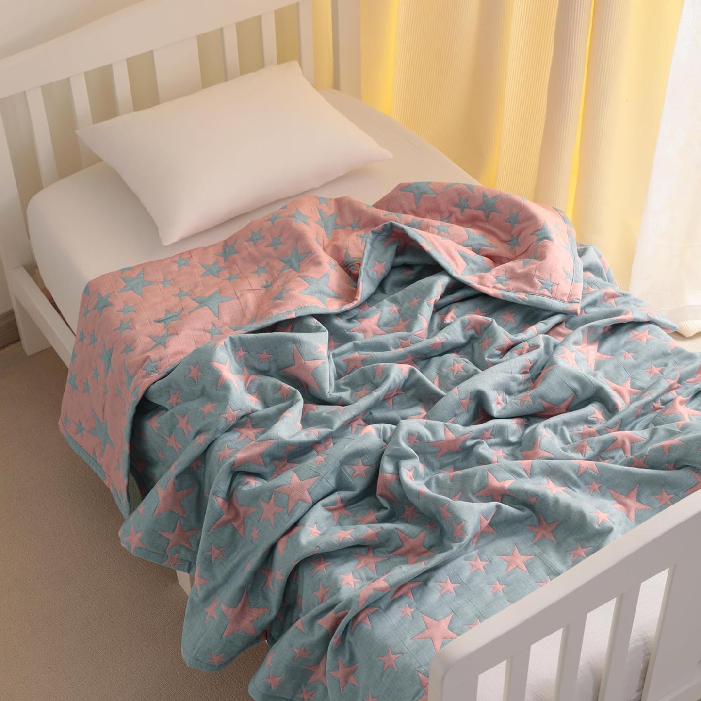NTBAY 3 Layer Toddler Blanket, Muslin Cotton Jacquard Bed Blankets, Lightweight Thermal Baby Blanket, Super Soft and Warm Crib Blanket for All Seasons, Decoration Gift, 45"x60", Red and Blue Star