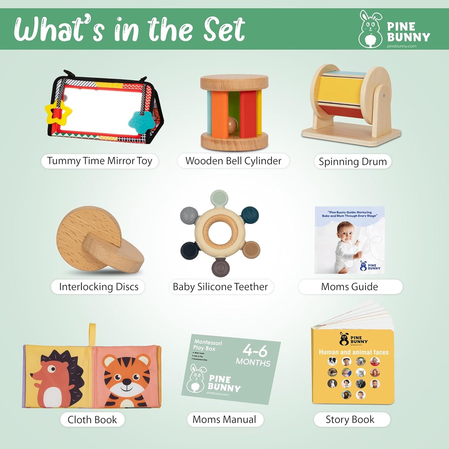 Pine Bunny Montessori Wooden 9-in-1 Toy Set for 4+ Months, Silicone Teether, Interlocking Discs, Mirror Toy, Wooden Bell Cylinder, Cloth Book, Spinning Drum, Educational Learning Sensory Development