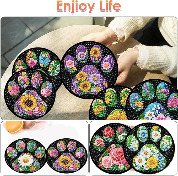 ijbnhd 8 Pack Diamond Art Coasters Kits Dog Paw | Diamond Painting Coasters Kit